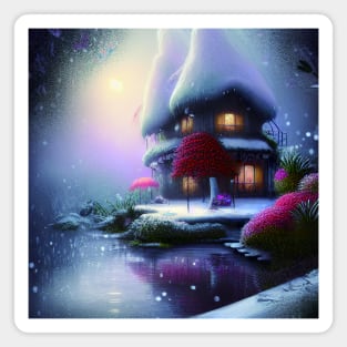 Sparkling Fantasy Cottage with Lights and Glitter Background in Snowy Scene, Scenery Nature Magnet